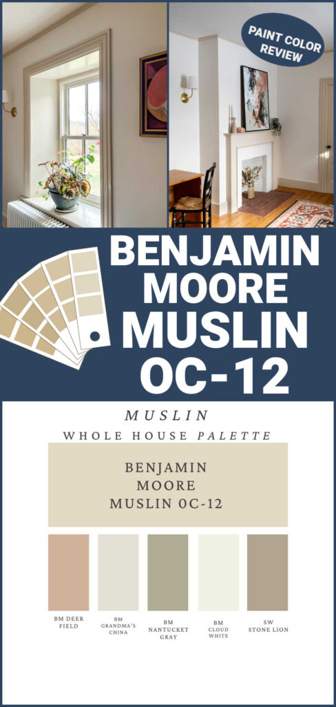 Benjamin Moore Muslin photos of a bedroom with graphic overlay