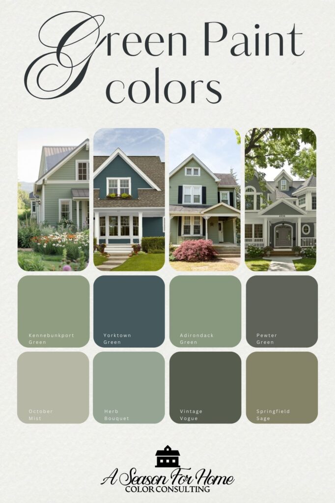 green paint color collage with images of homes with green paint