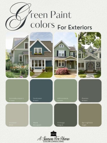 Green paint colors in a collage with small feature images of four different green houses