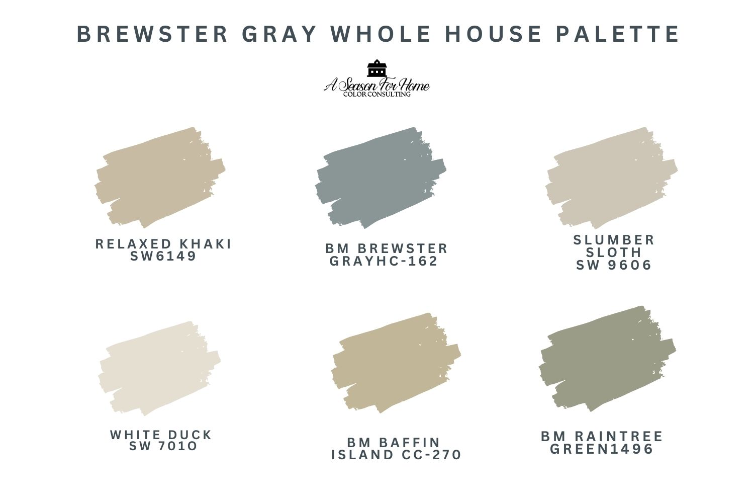 Brewster Gray palette for a whole house including coordinating paint colors for adjacent rooms