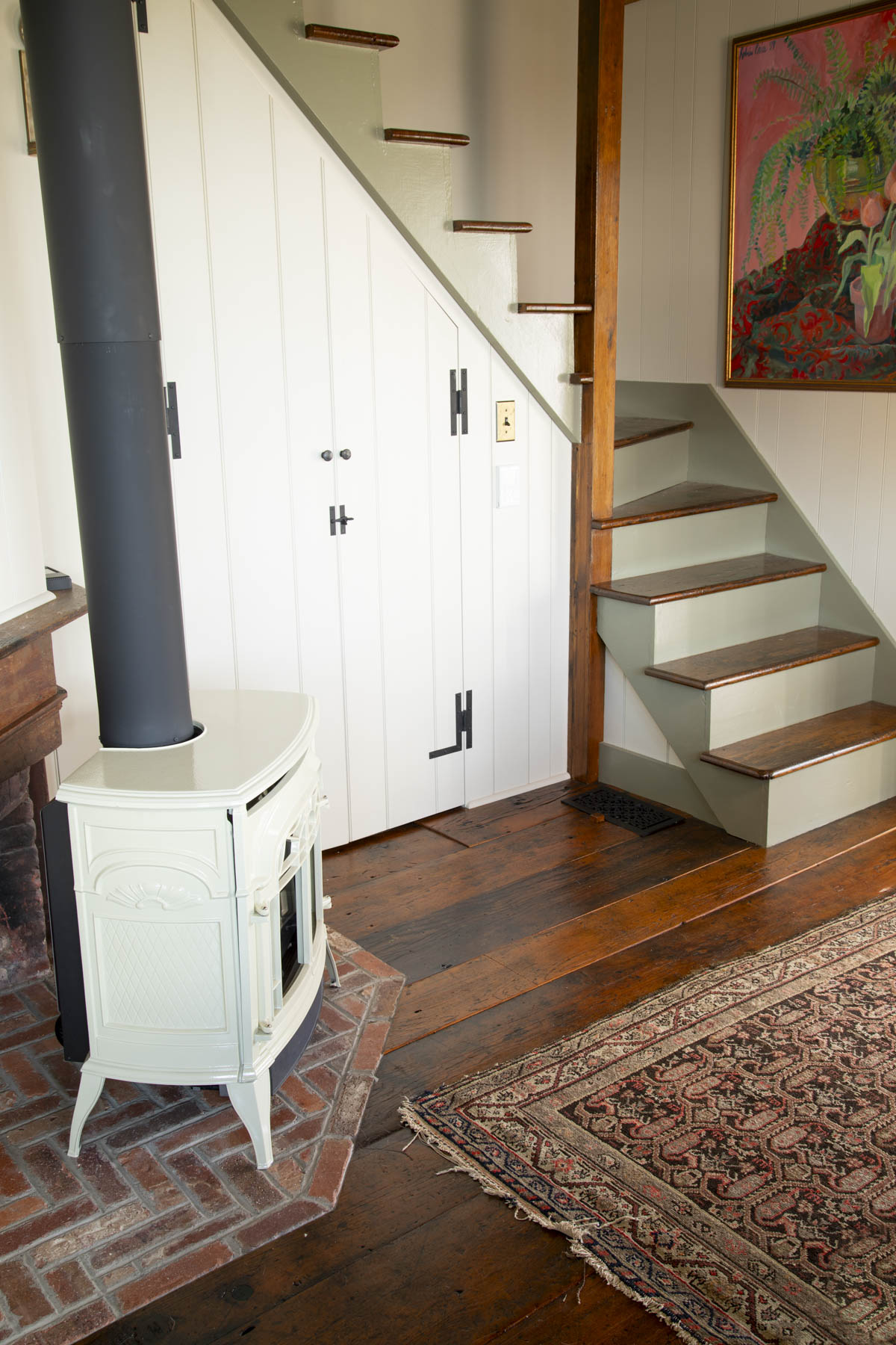 Sherwin Williams Wool Skein on the beadboard walls and built in cabinet under the stairs in our kitchen
