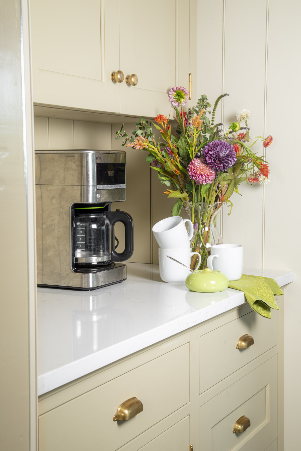 breakfast bar in our kitchen with baffin island by ben moore on the cabinets and wool skein on the wall bead board
