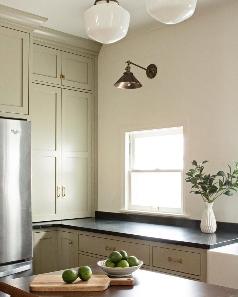 creamy off-white walls with Nantucket Gray kitchen cabinets
