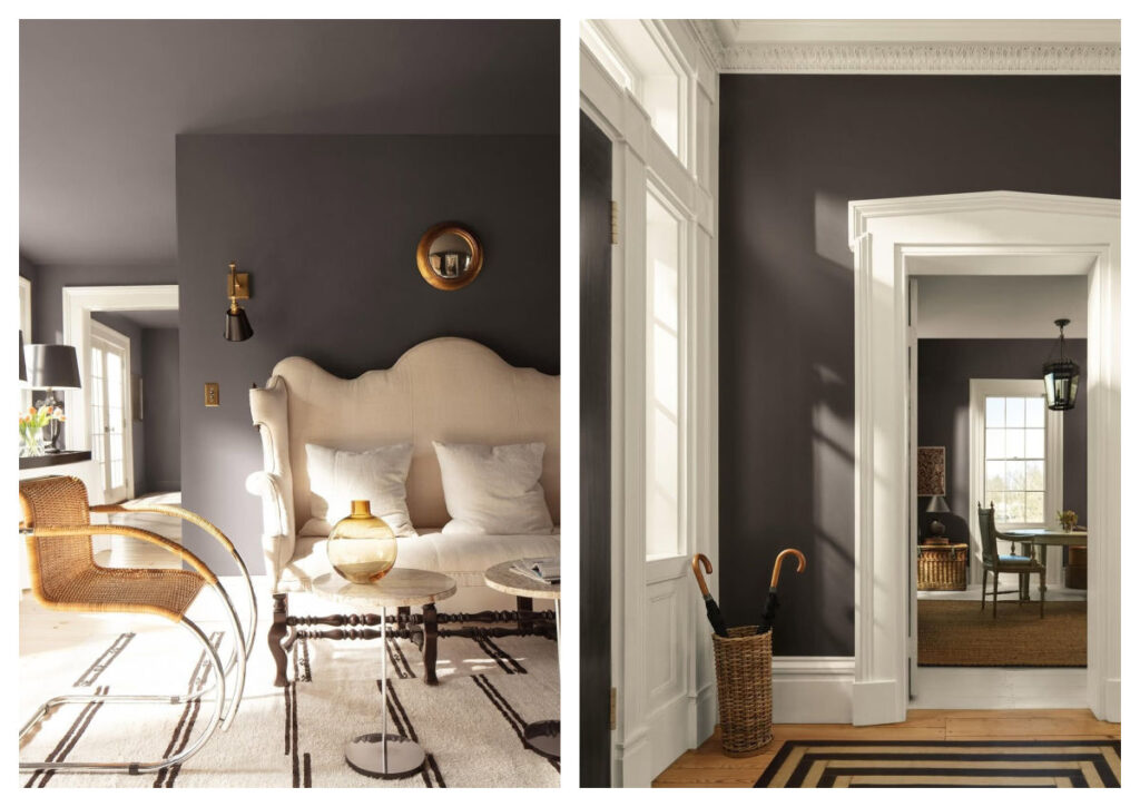 Benjamin Moore Silhouette with white trim in two exteriors.