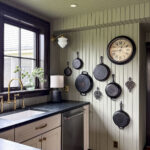 creekside green kitchen with dark brown trim