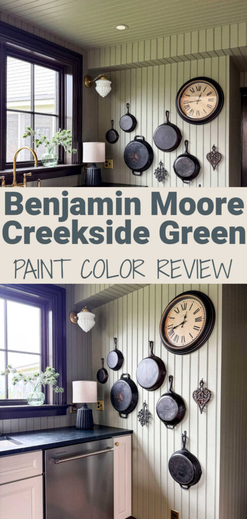 green paint color on a kitchen with cast iron pans hanging on the wall