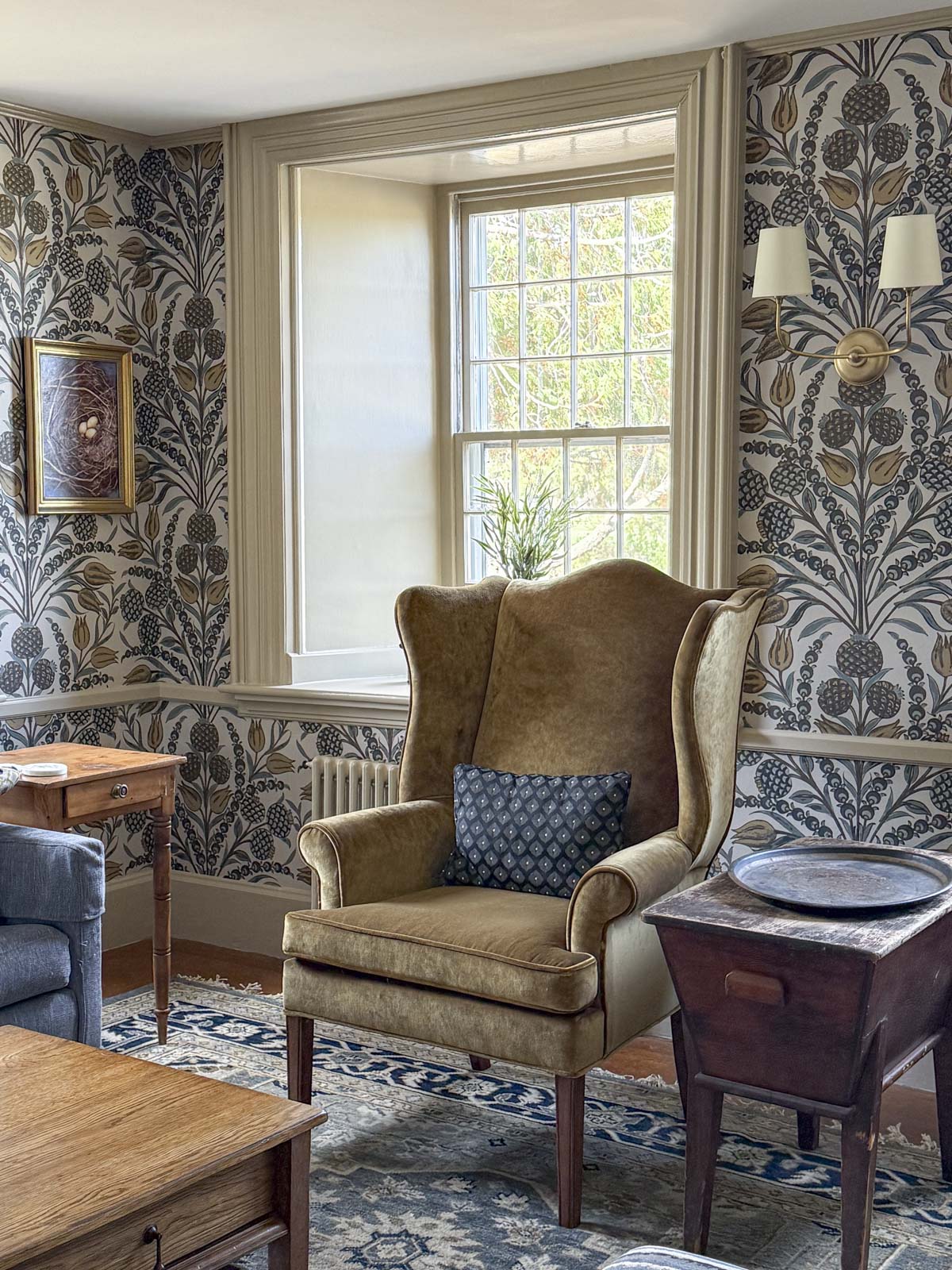 universal Khaki with victorian inspired wallpaper
