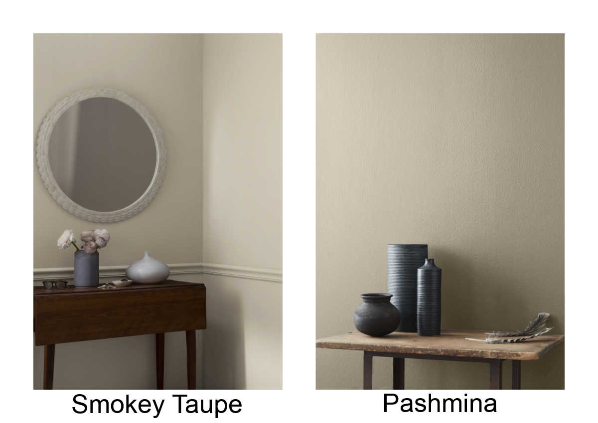 taupe paint colors: Pashmina and Smokey Taupe