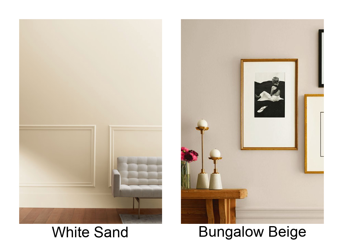 two modern warm neutrals that won't look dated. On the left a soft beige and the right a muted taupe