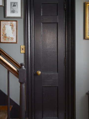 the back stairwell and entryway to our in-law apartment painted in Bucktrout Brown and Antique Pewter