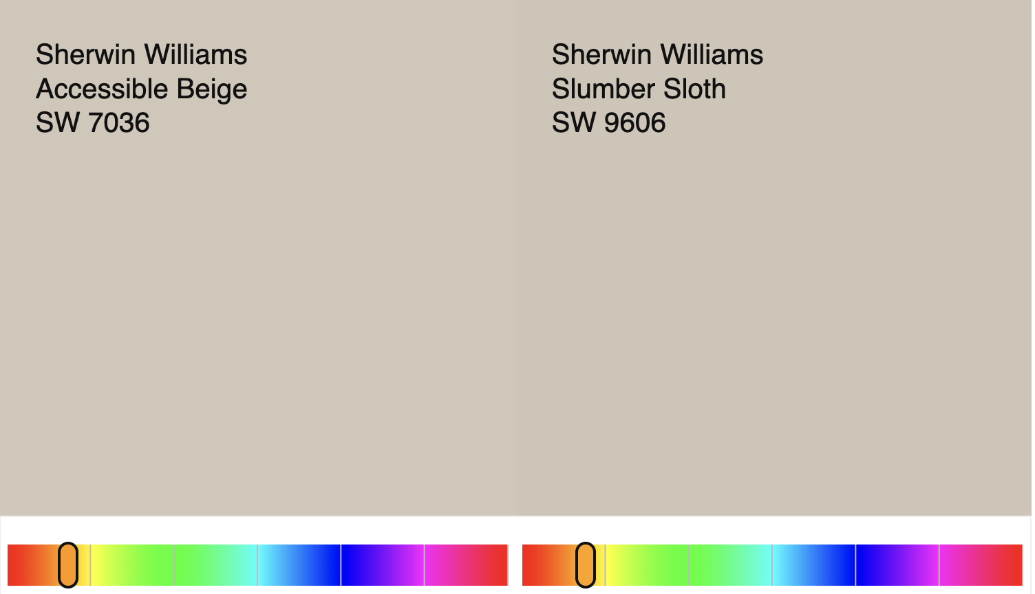 a side by side comparison of accessible beige to slumber sloth