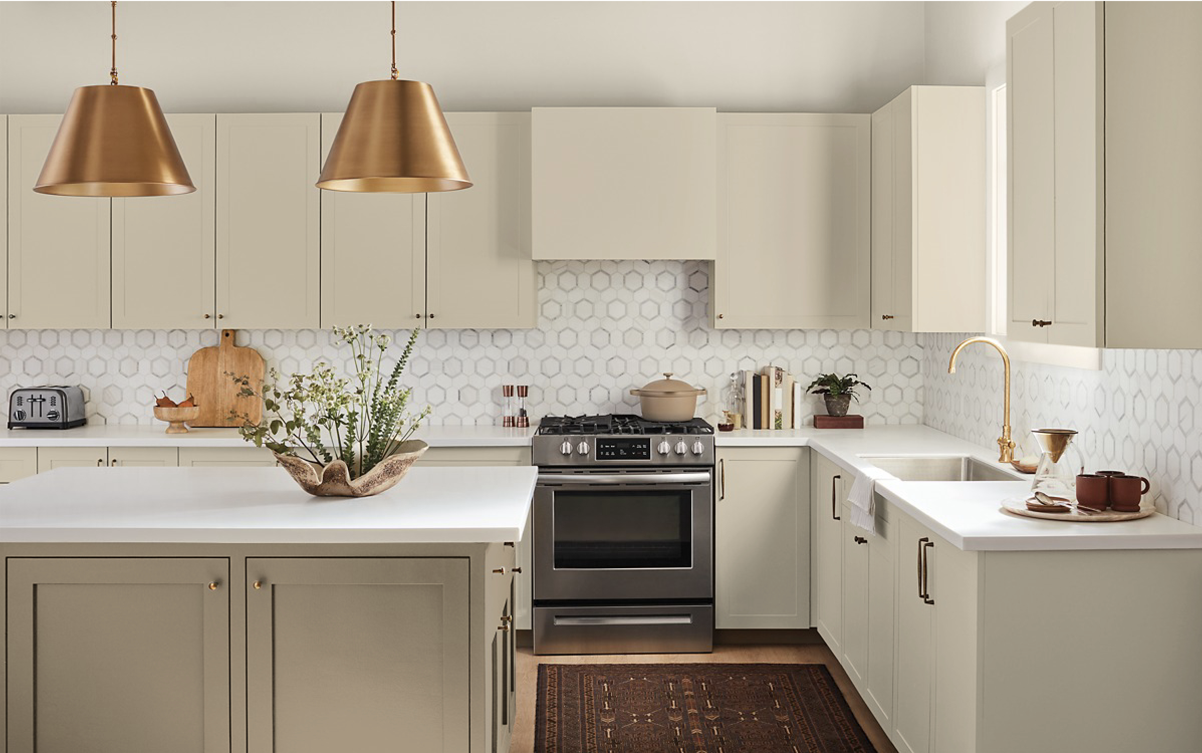 tony taupe island with white duck cabinets
