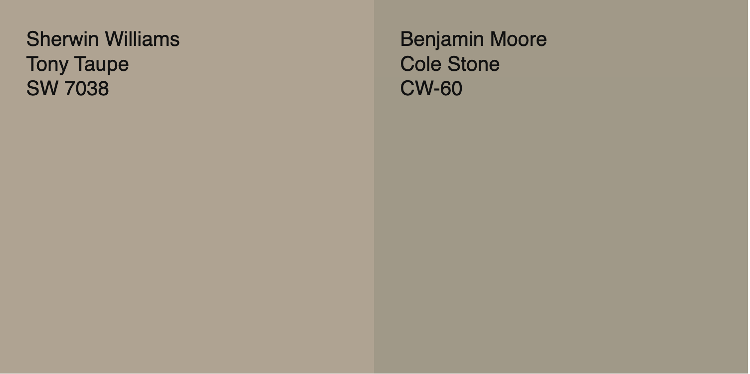 cole stone vs tony taupe. Both are dark taupes, but tony taupe has a sandy (reddish) undertone, while Cole Stone has a green undertone