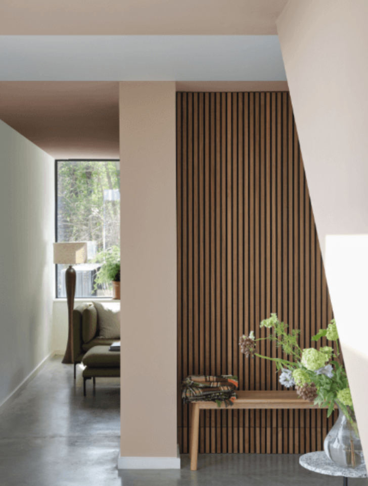 contemporary interior with peach painted walls in templeton pink by farrow and ball