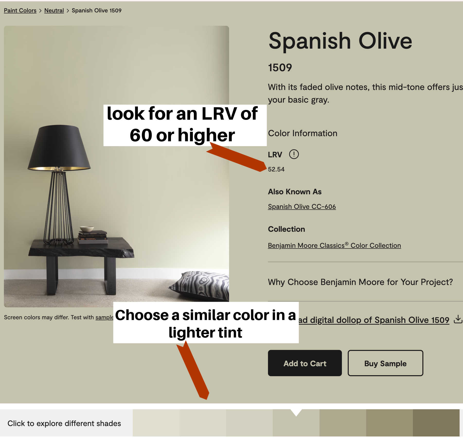 A graphic showing a page from the Benjamin Moore Website showing where you can locate the LRV and where the suggested brighter tints can be found