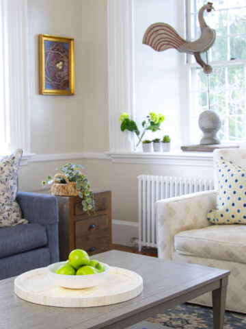 a blue and white living room with a blue sofa, greige walls and decorative accents in greens