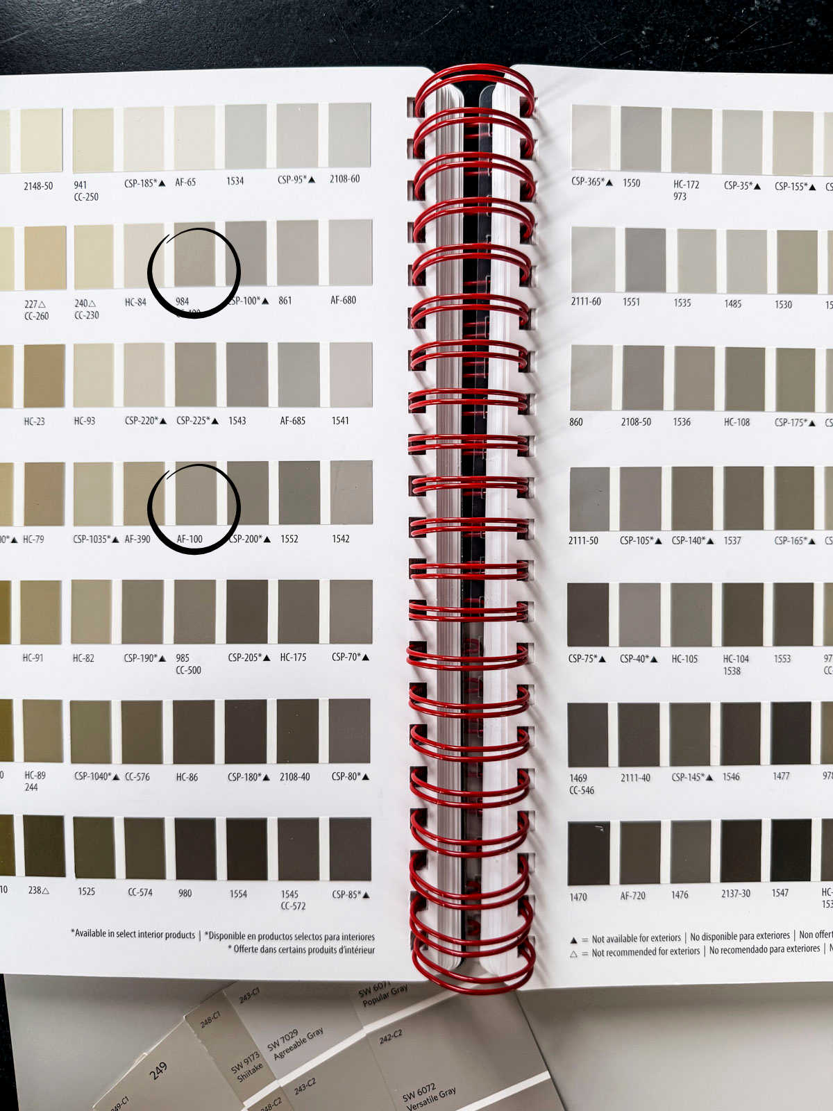 Stone Hearth is shown near Pashmina in this mathematically arranged book of Benjamin Moore's colors. To the left you can see the shades with more golden saturation.