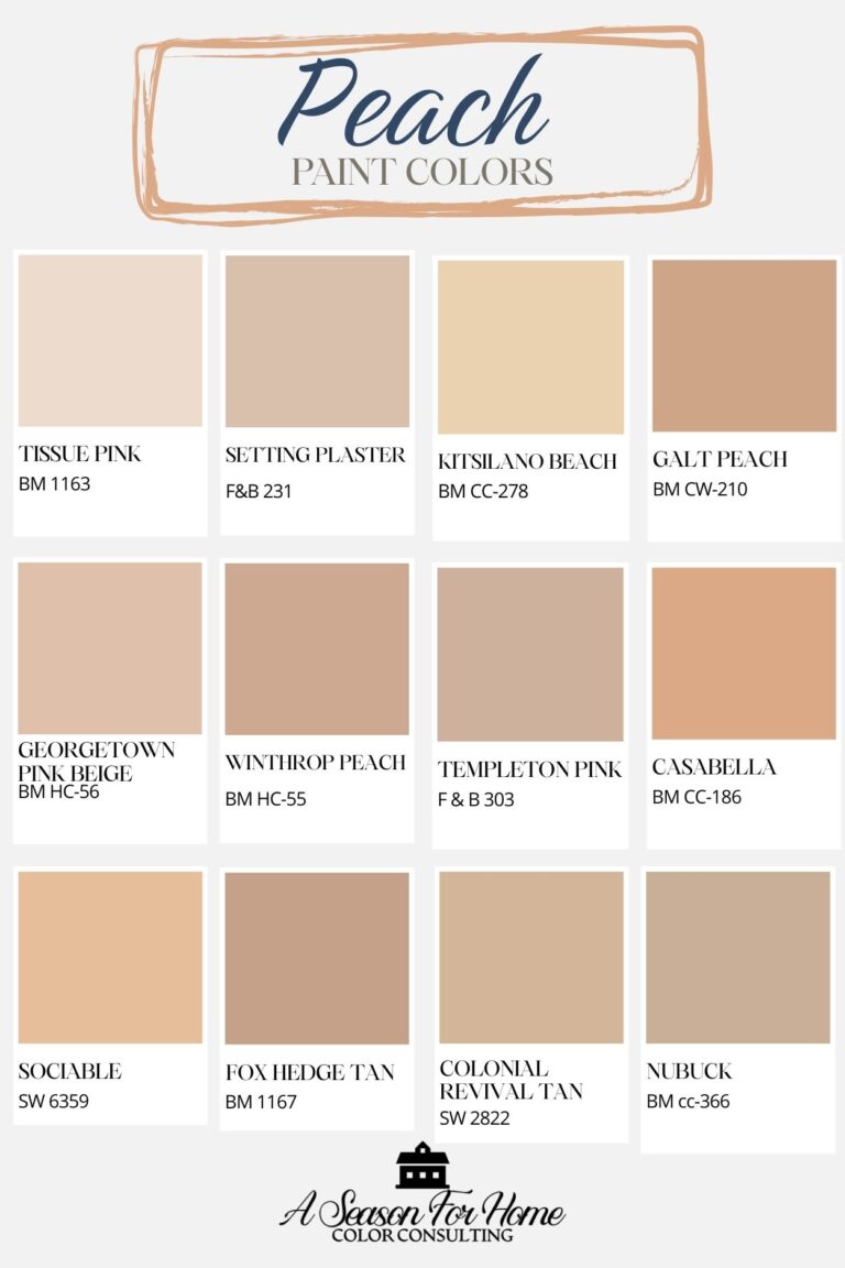 12 peach paint colors in square samples with text overlay saying name and brand