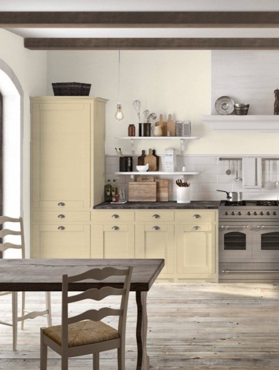 Creamy soft historic-inspired kitchen cabinets shown in Dunmore Cream (Mansfield Tan) by Benjamin Moore