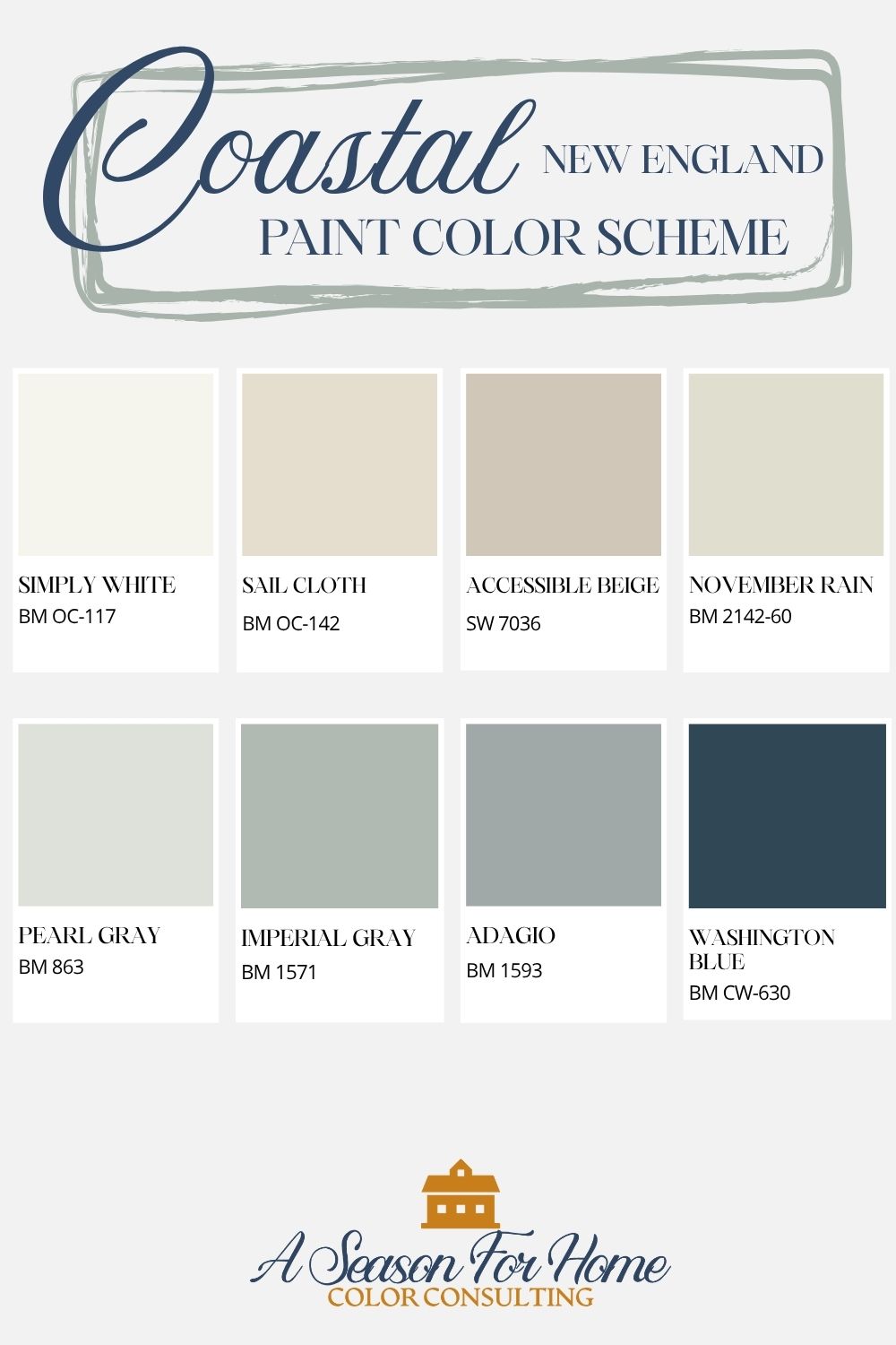 New England Coastal Color Palette- eight paint colors to inspire your walls and decor for a beach house or to create a serene feel where ever you live! 