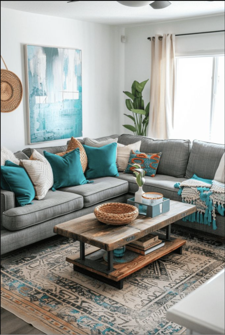 jewel toned throw pillows on a gray sofa