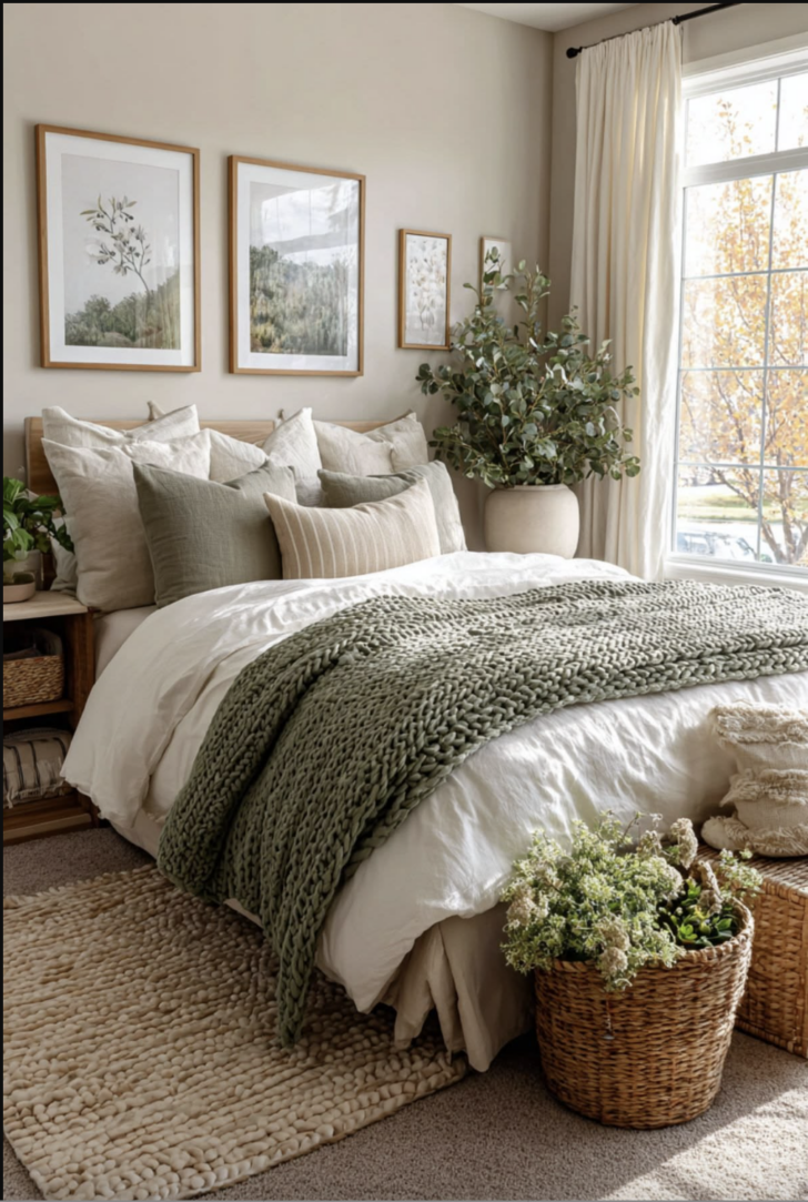 a bedroom with muted green and warm greige walls