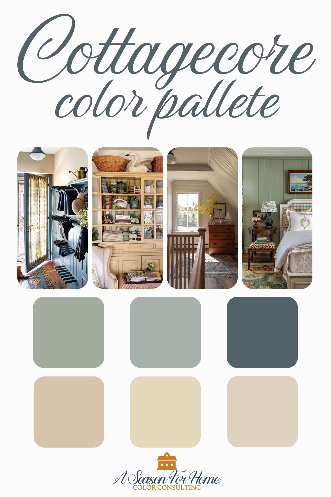 cottagecore interiors collaged together with color samples with text overlay