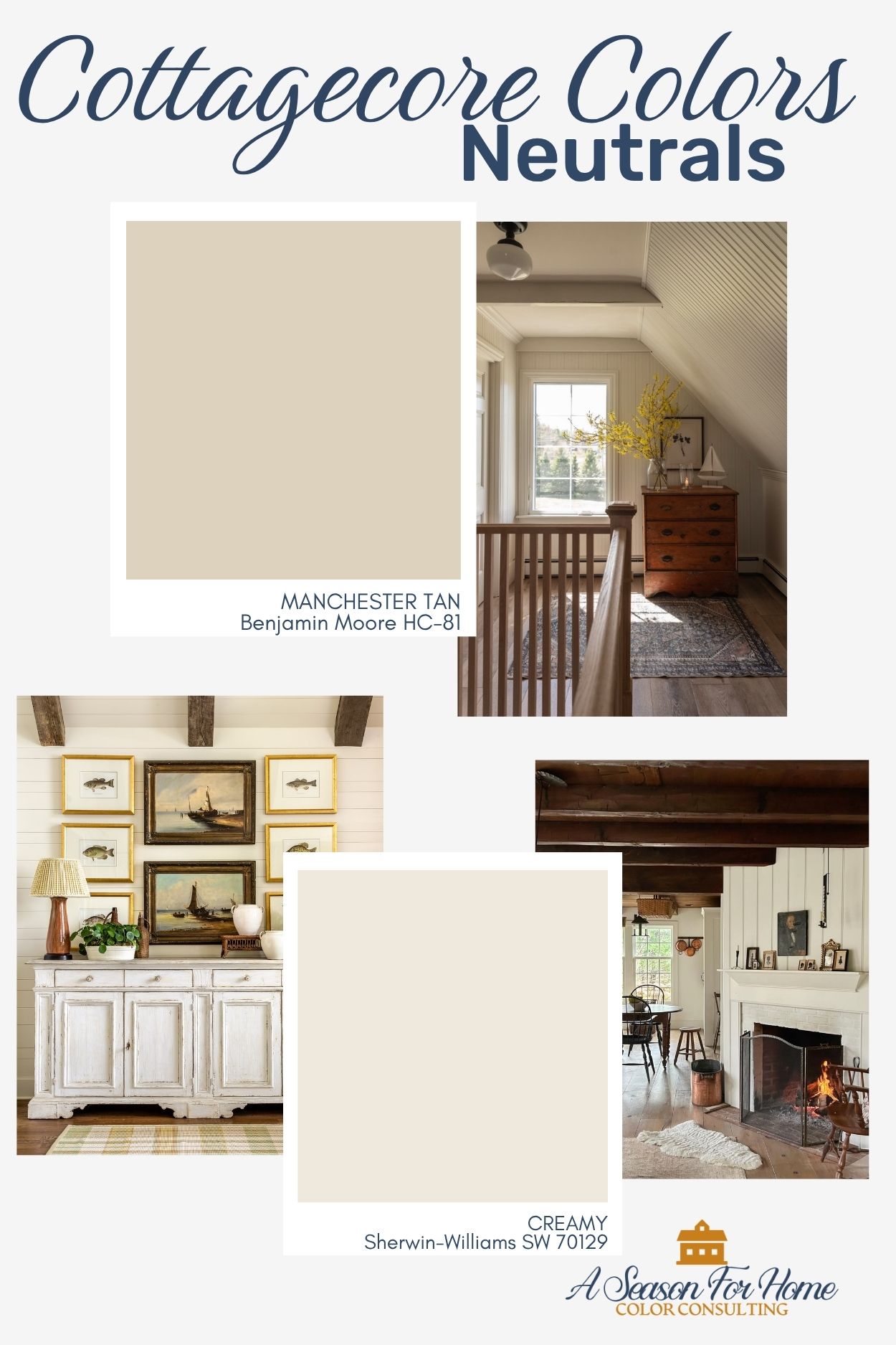 Cottagecore paint colors- neutral interiors with a cottage vibe with text overlay and paint swatches