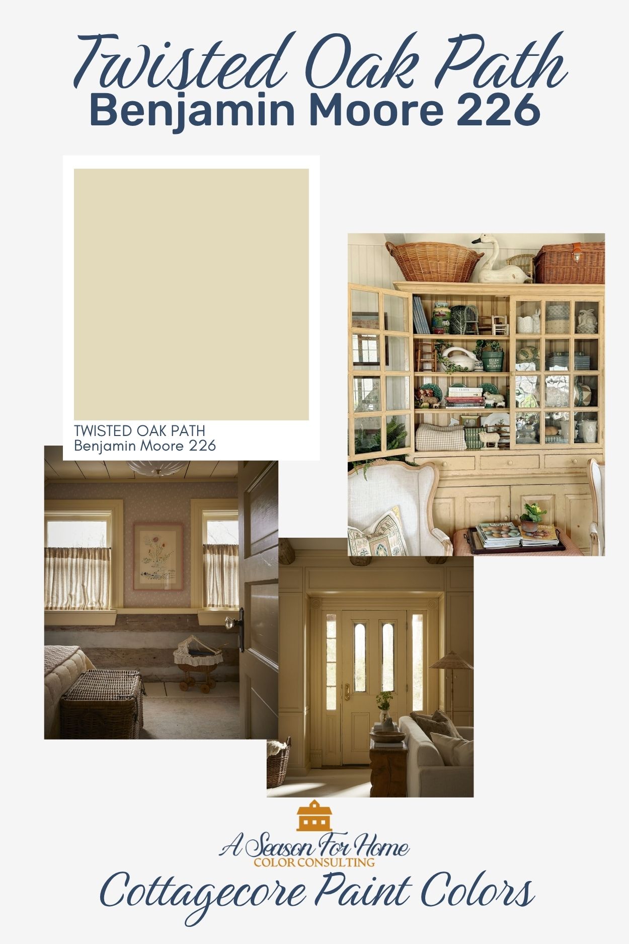 yellow cottage core select: Twisted Oak Path by Benjamin Moore is a soft golden yellow without too much pastel