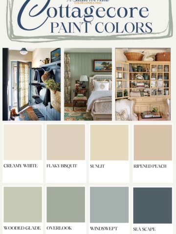 cottagecore paint colors collage of paint swatches and examples of interiors decorated in this style