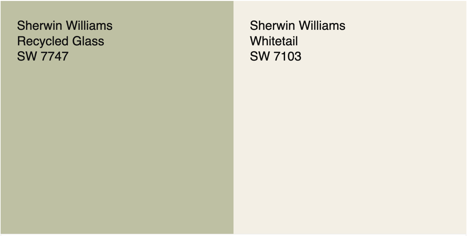 apple green paint called Recycled Glass compared to creamy and bright Whitetail by Sherwin-Williams